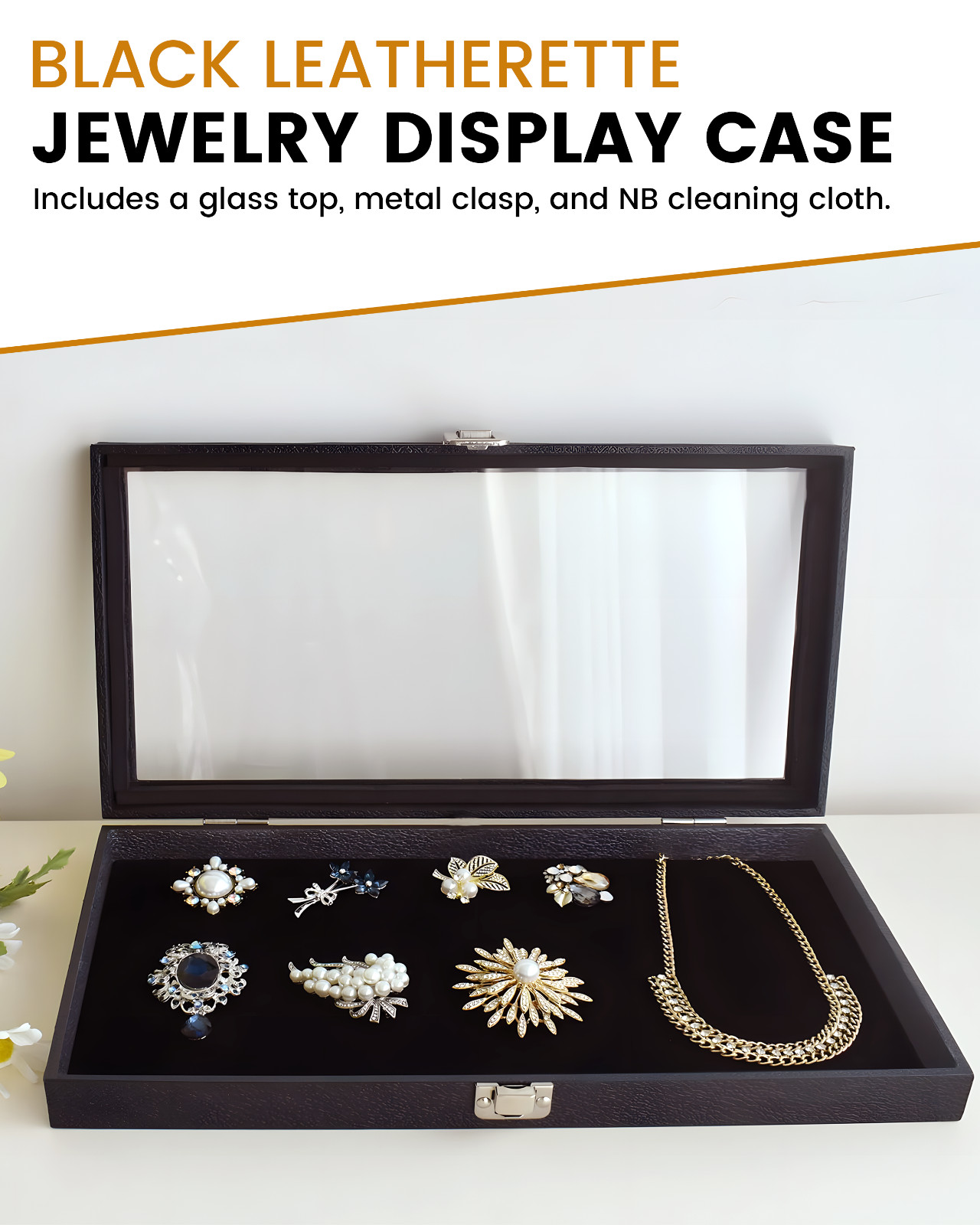 Novel Box Glass Top Black Leatherette Metal Clasp Jewelry Gem Display Case