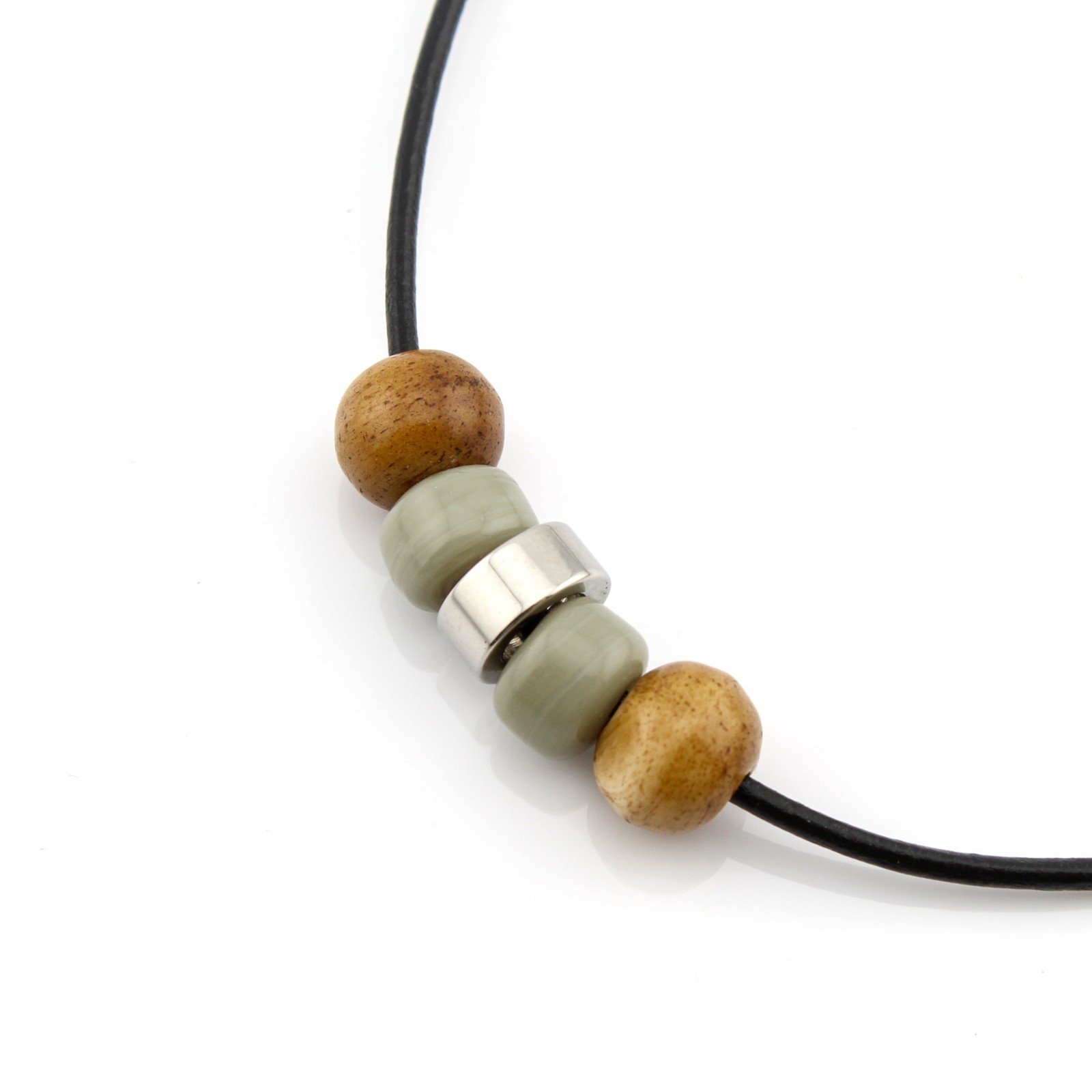 Mens Boho Bead Necklace Black Waterproof Cord Wood Glass Stainless Steel