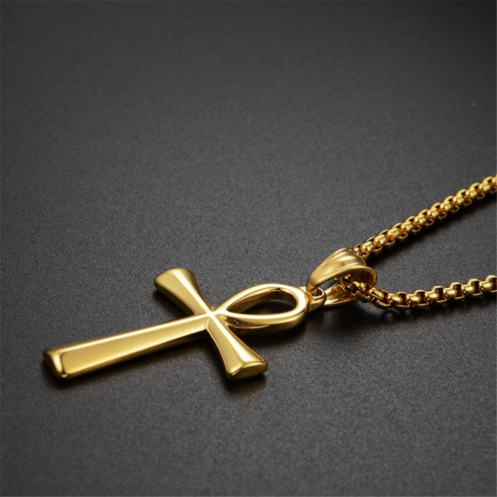 Men Women Cross Necklace Silver Stainless Steel Egyptian Ankh Pendant Chain Gift