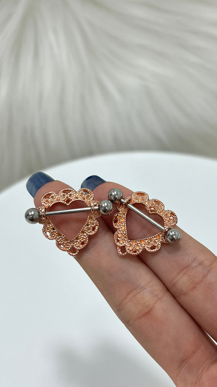 Nipple rings Barbells surgical steel Heart rose gold design Sold as a pair