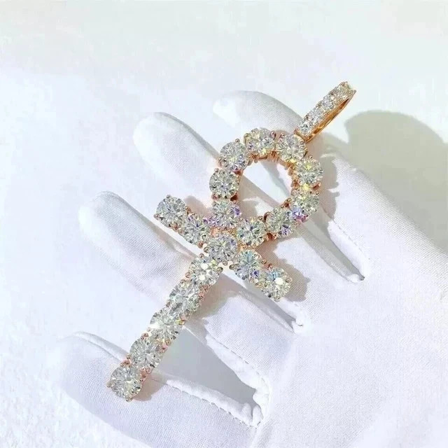2.50Ct Round Cut Real Moissanite Men’s Ankh Cross Pendant 14k Rose Gold Plated
