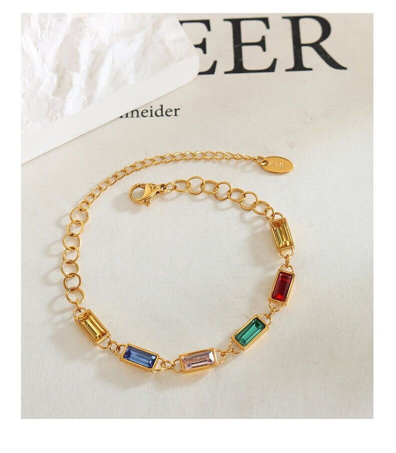 Woman 18K Gold Plated Multicolor CZ Square Charm Necklace Chain/Bracelet
