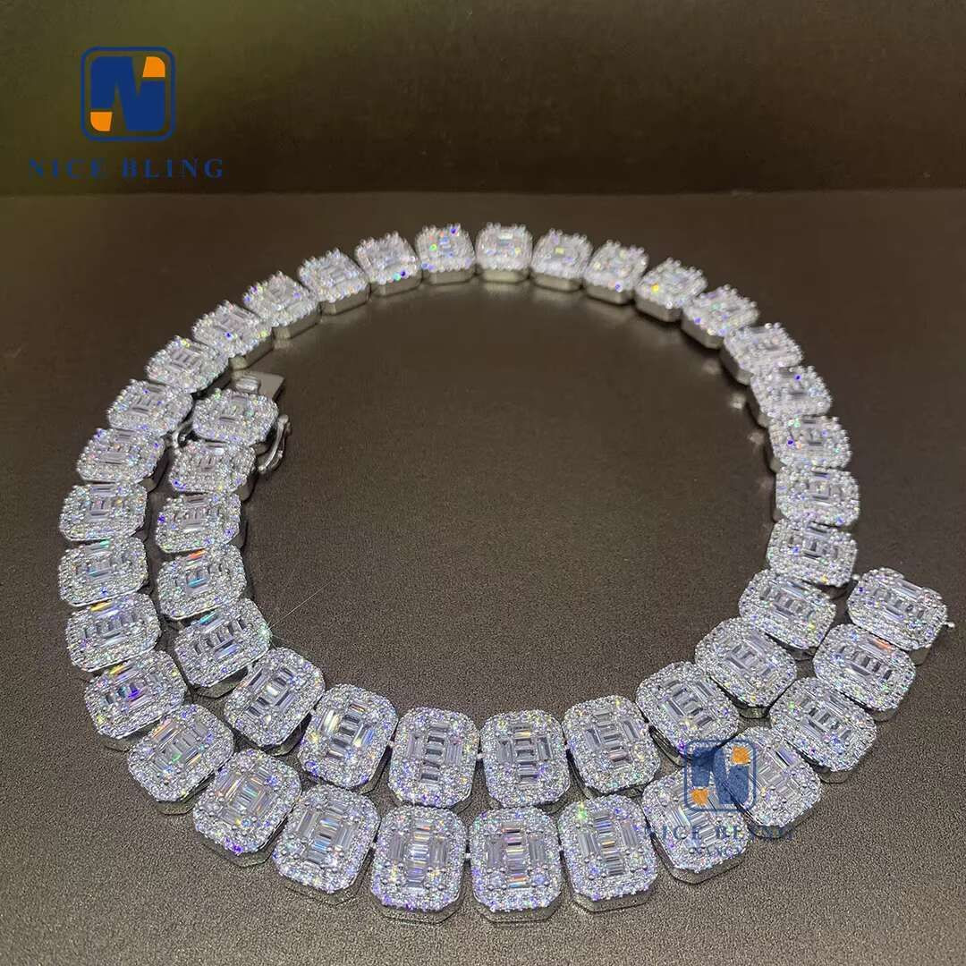 Full Moissanite Diamonds 925 Sterling Silver Cuban Link Necklace VVS Baguette Mo