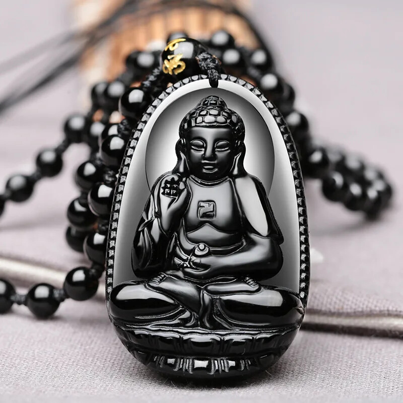 1PC Pendant Necklace Black Obsidian Carved Buddha Statue Luck Talisman Gift