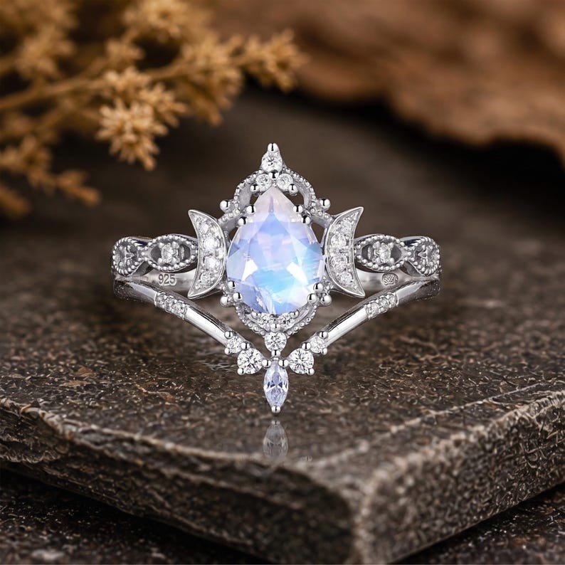 Art Deco Natural Pear Cut Moonstone 14k White Gold Plated Silver Engagement Ring