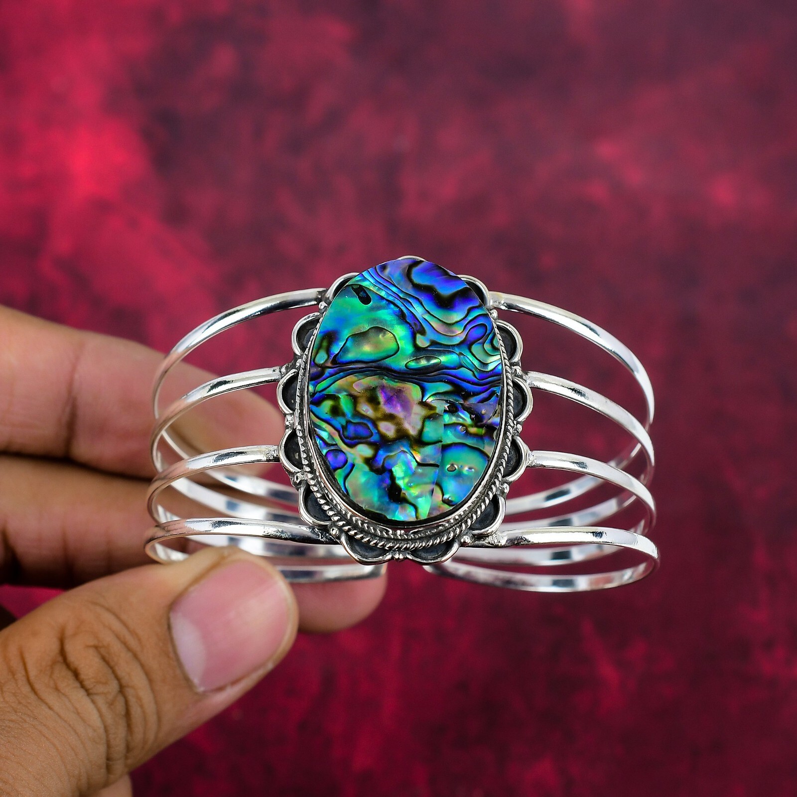 Abalone Shell Gemstone Handmade 925 Solid Silver Adjustable Bangle Jewelry