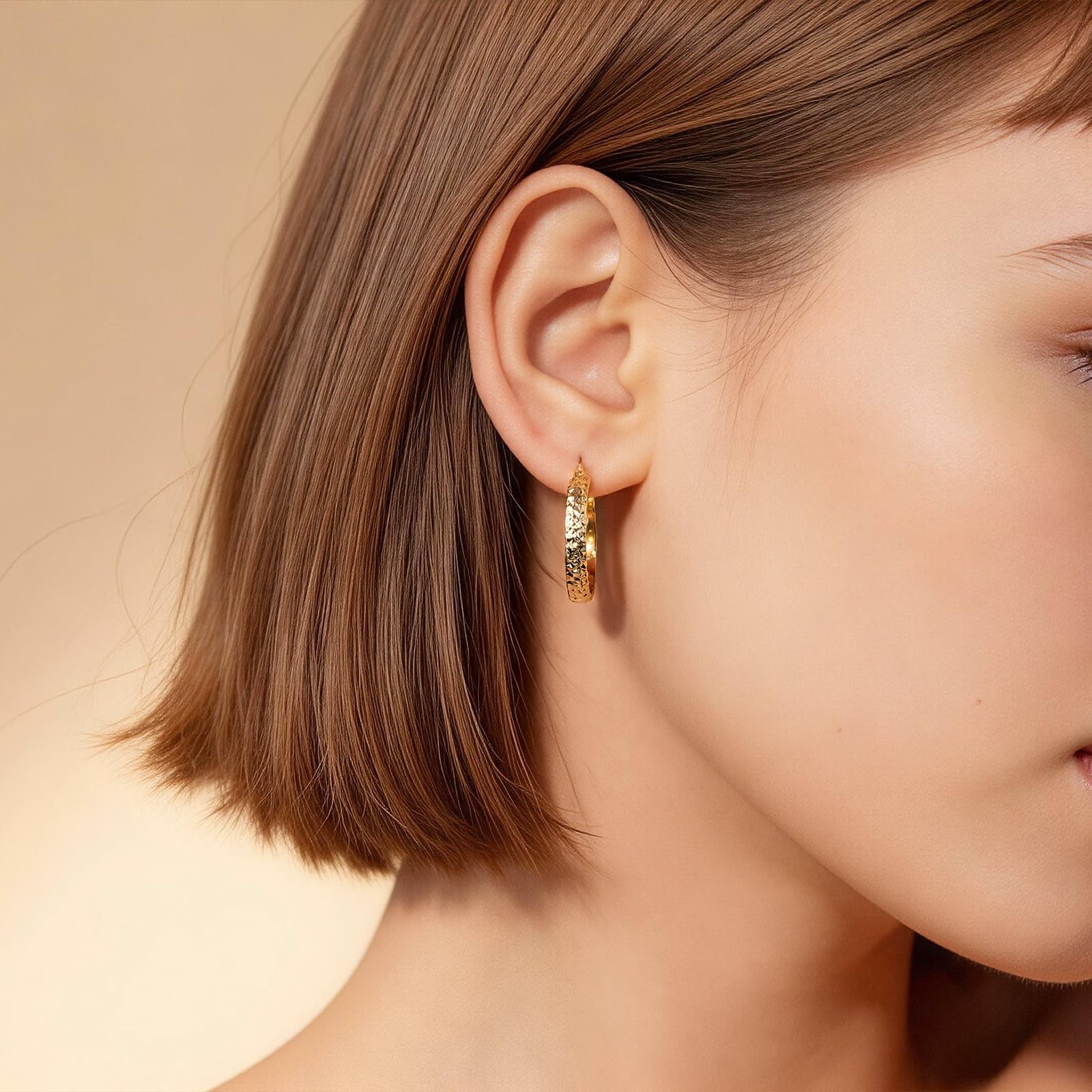 14K Yellow Gold Hoop Earrings for Women 4.4mm*25mm Trendy Diamond Cut Texture…