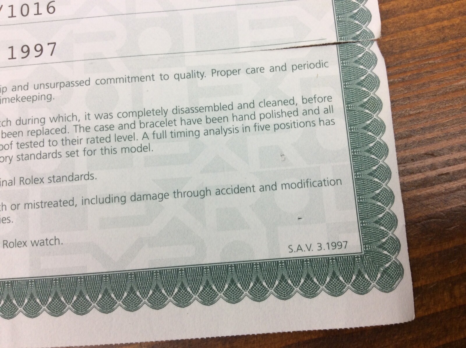 Rolex Full One Year Service Guarantee 1997 Accessories for Collectors