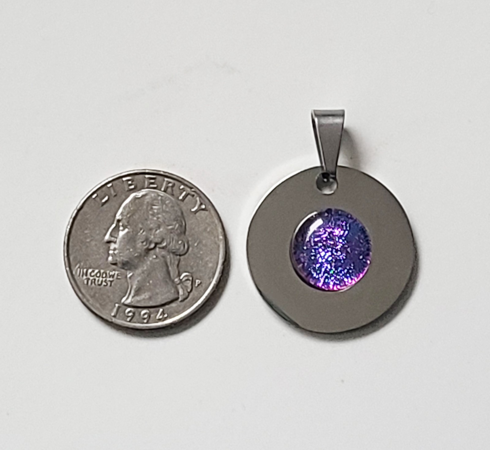 Dichroic Glass Stainless Steel Disk Pendant, Handcrafted