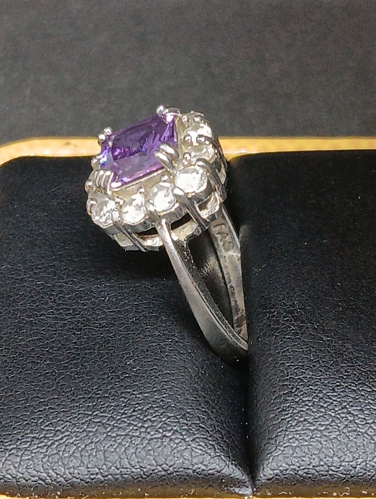 Vintage FAS 925 Sterling Silver Purple CZ Princess Cut Halo Cocktail Ring Size 7