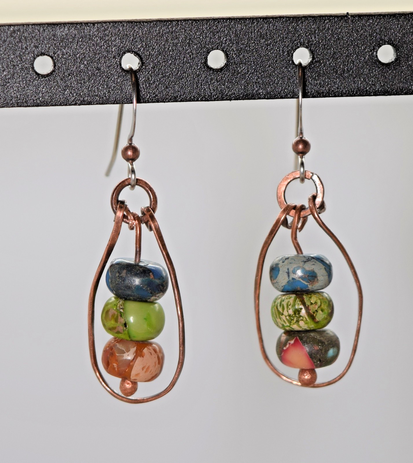 Hammered Copper & Blue, Green and Orange Copper Turquoise Bead Dangle Earrings