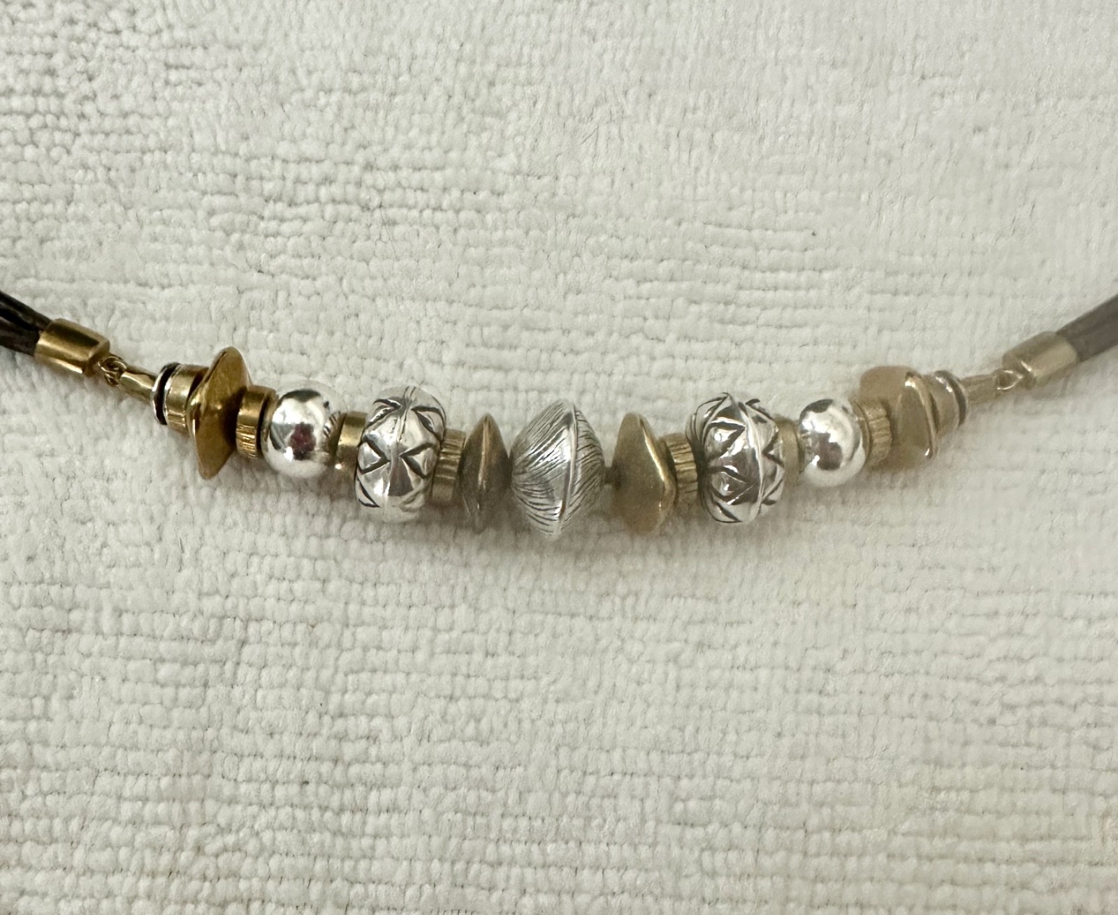 SILPADA Cluster BEADS Gold SILVER Brown LEATHER Cord .925 Sterling Necklace