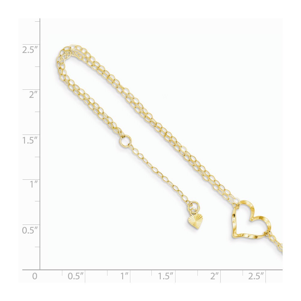 Real 14kt Yellow Gold Double Strand Heart 9in Plus 1in Ext Anklet; 9 inch