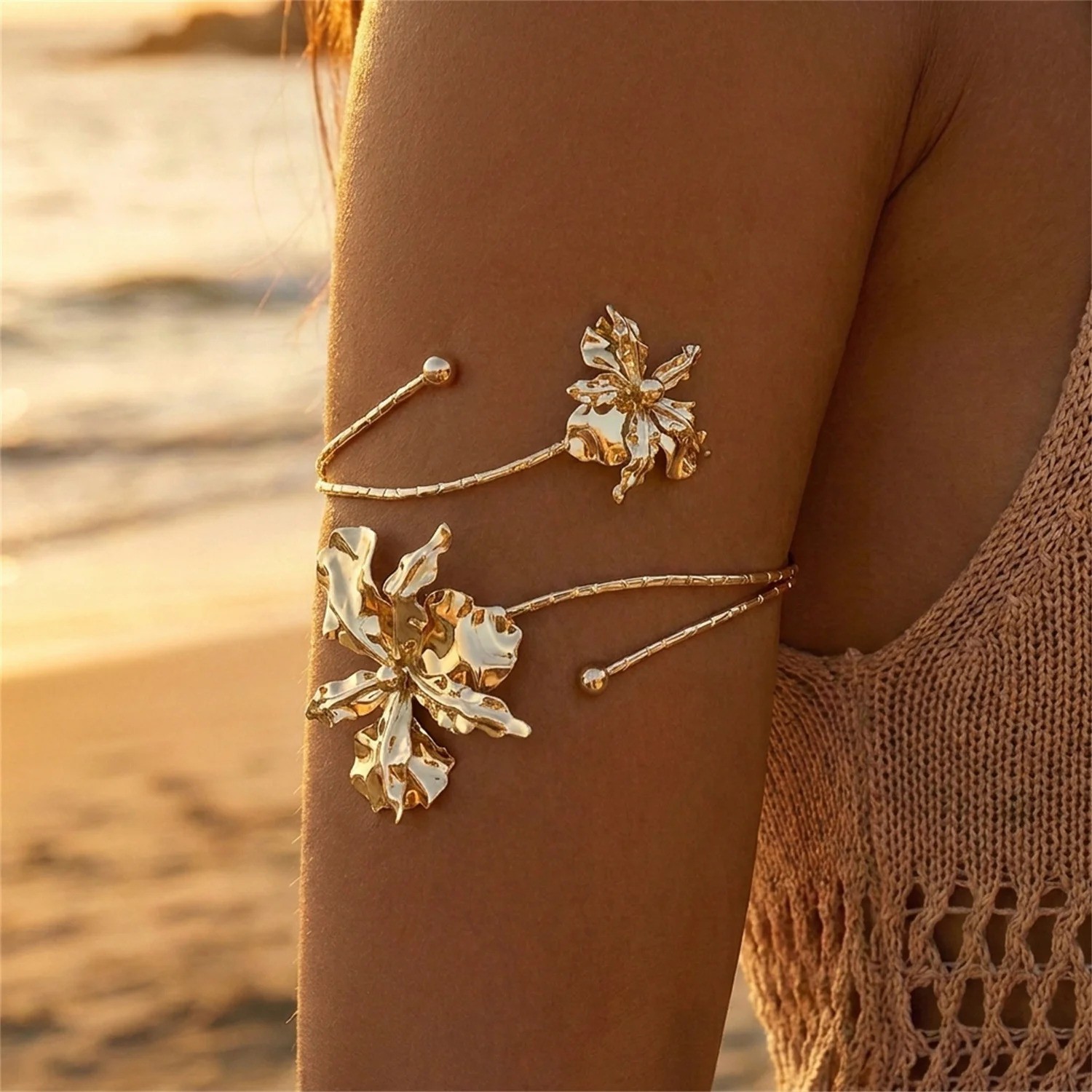 Adjustable Open Flower Bracelet Women Bangle Cuff Arm Jewelry Vintage Style