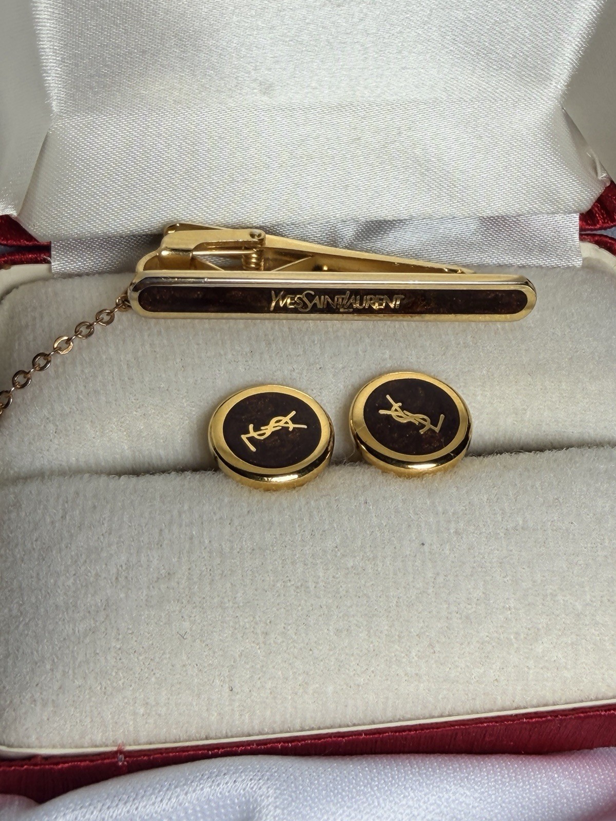 Yves Saint Laurent Signed 24k GF Gold-Plated Onyx Bullet Back Cufflinks