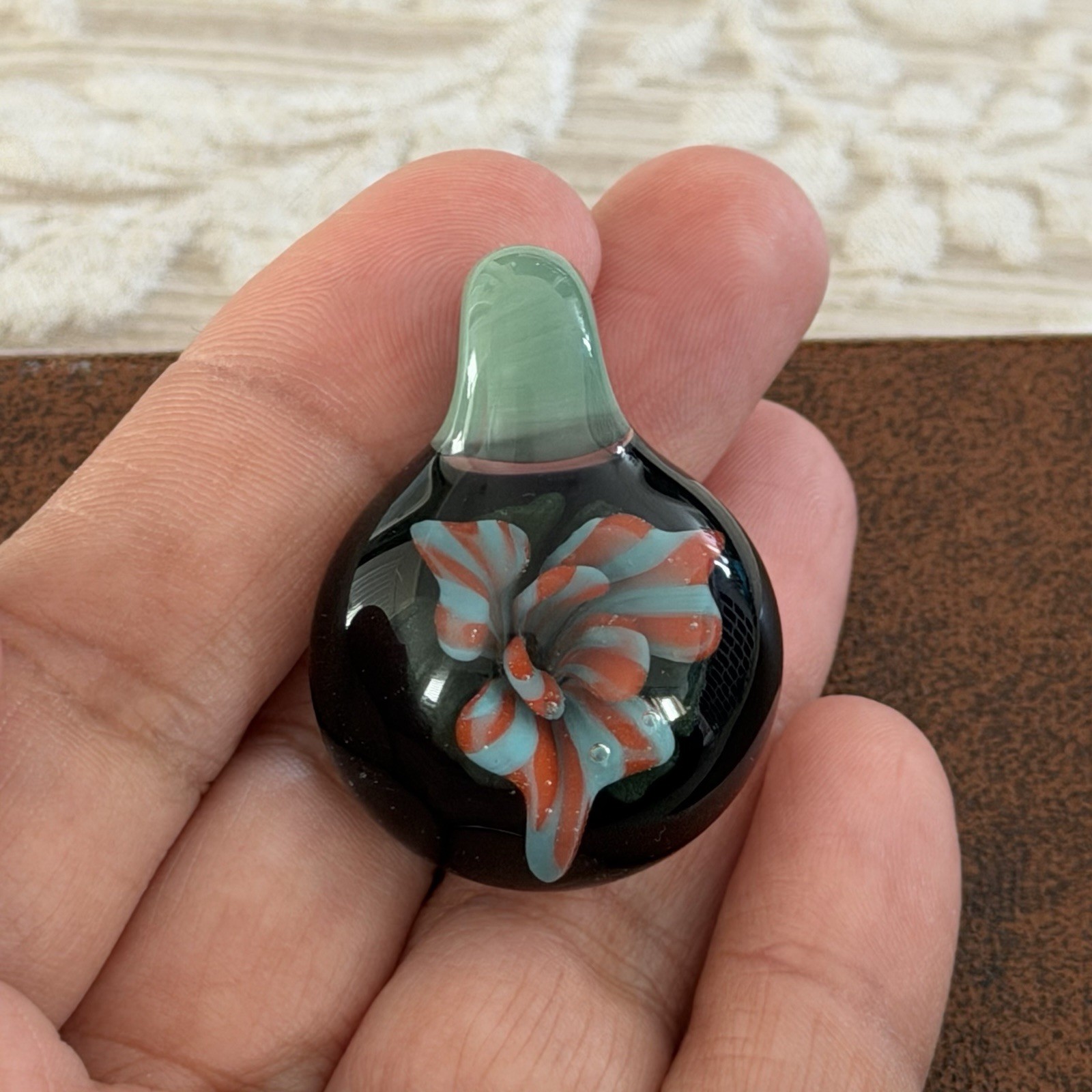 Handblown Glass Pendant Floral Flower Teal Green Orange Blue Unique