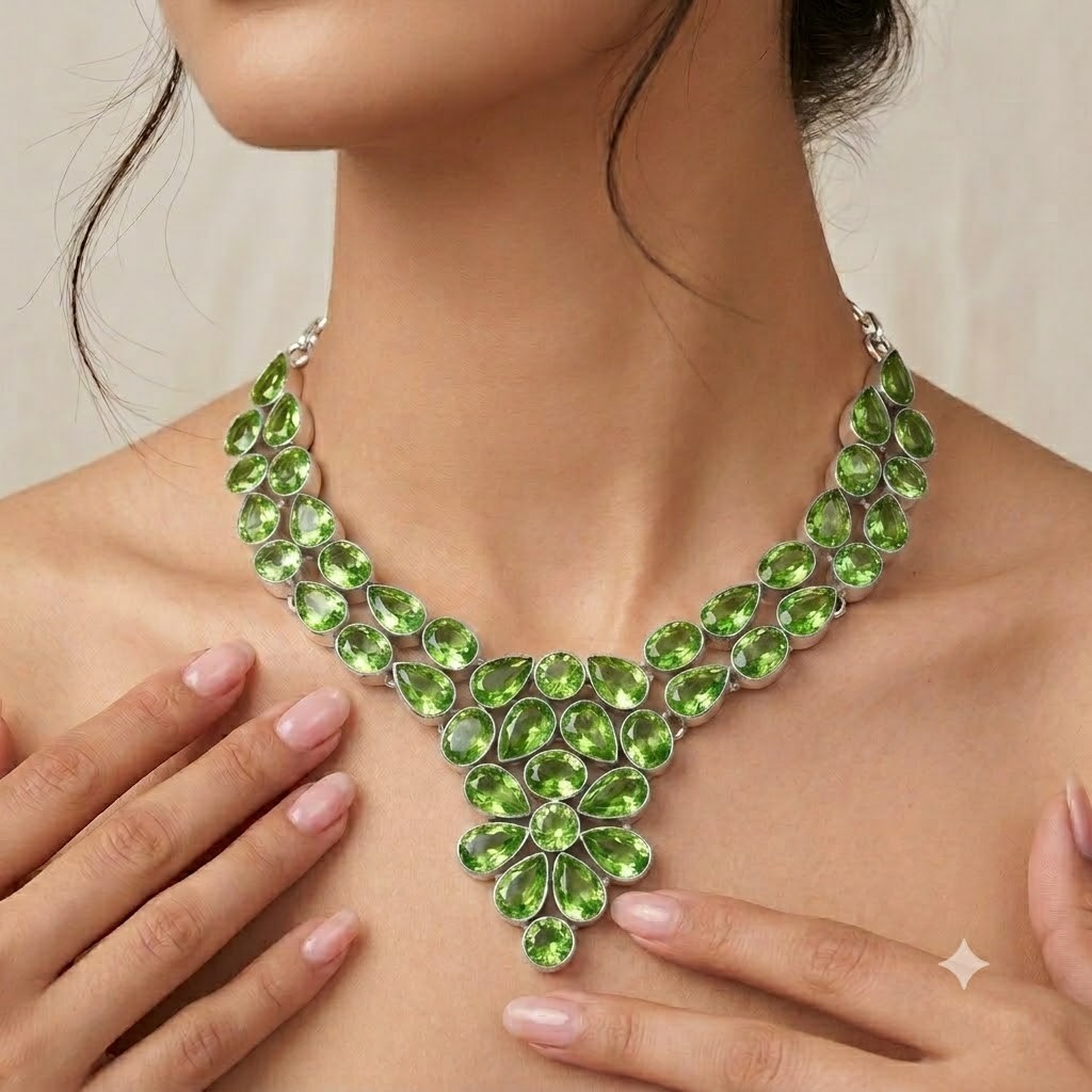 Green Peridot Gemstone 925 Sterling Silver Jewelry Necklace Size-17-18″