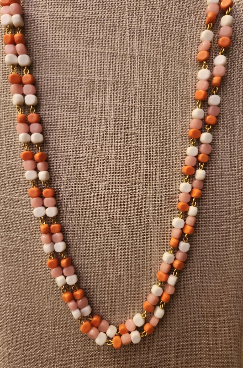 Vintage Czech Glass Beaded Necklace White Pink Orange 40″ Long