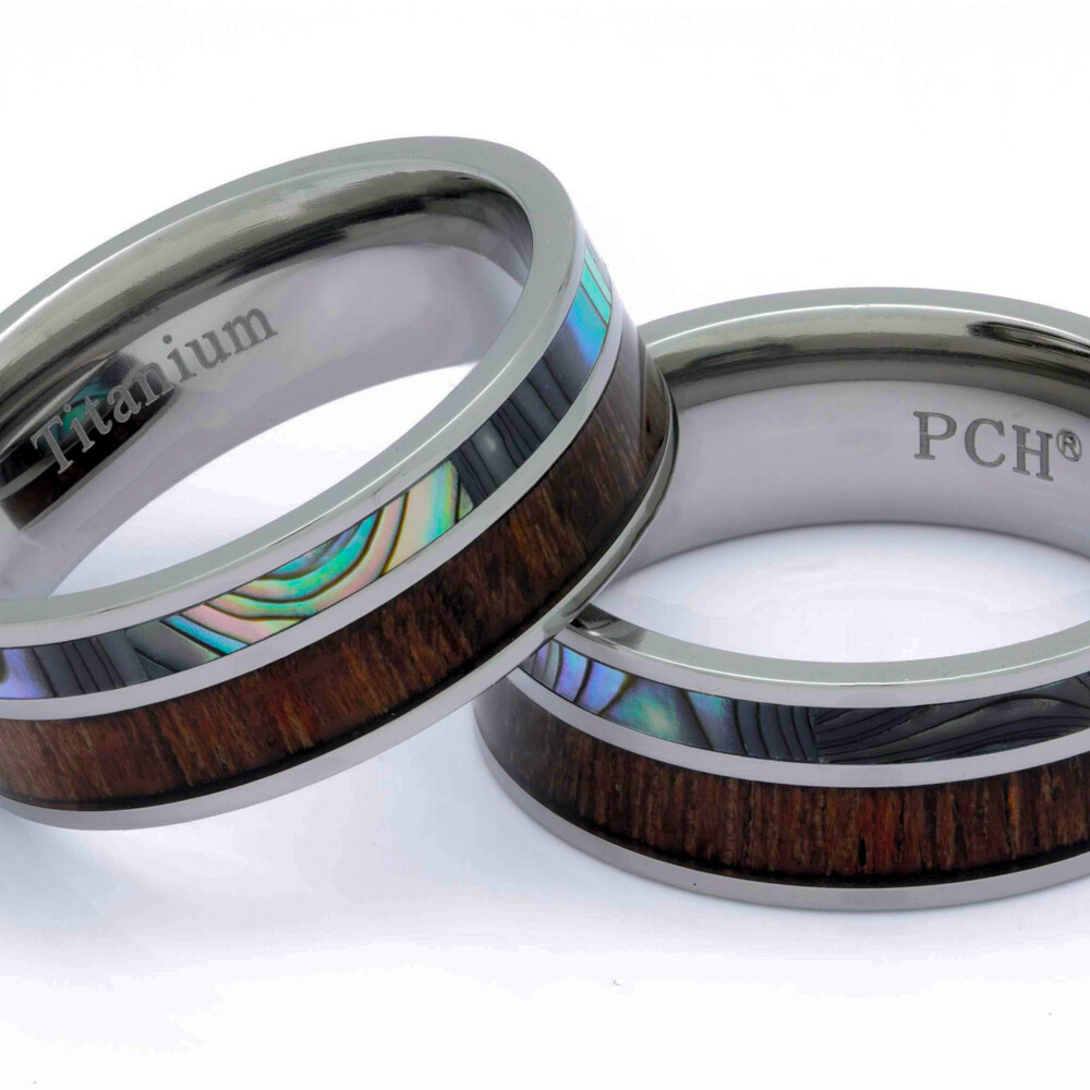 Titanium Hawaiian Koa Wood and Abalone Ring 8mm Comfort Fit Band Size 8 to 15