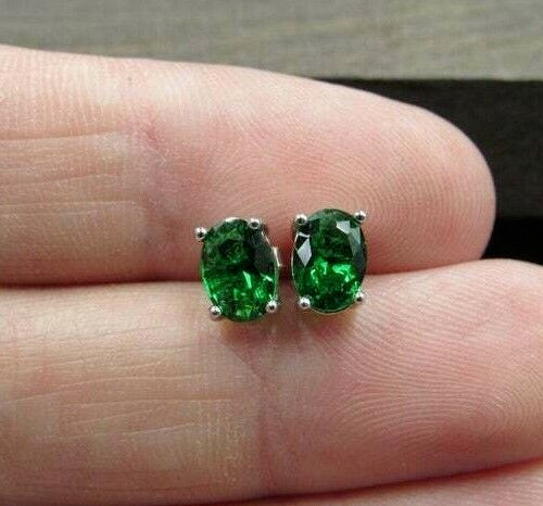 925 Sterling Silver 7 x 5MM Emerald Oval Cut CZ Stud Earrings For Women
