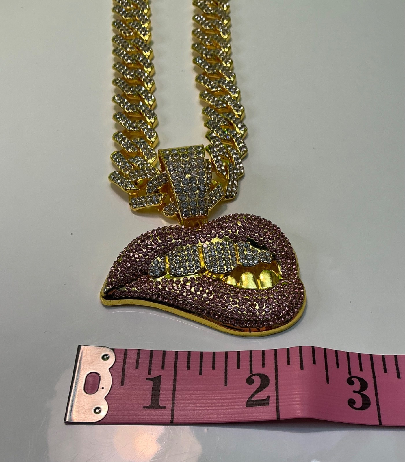 Biting Lip Pendant Necklace Bracelet Lot Hip Hop Iced 20” Inches CZ Chain Cuban