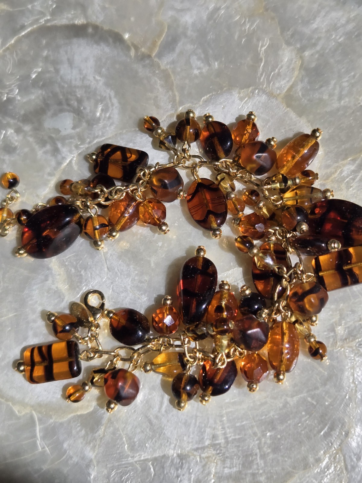 Joan Rivers Czech Republic Tortoise Glass Charm Bracelet Gold Tone Signed