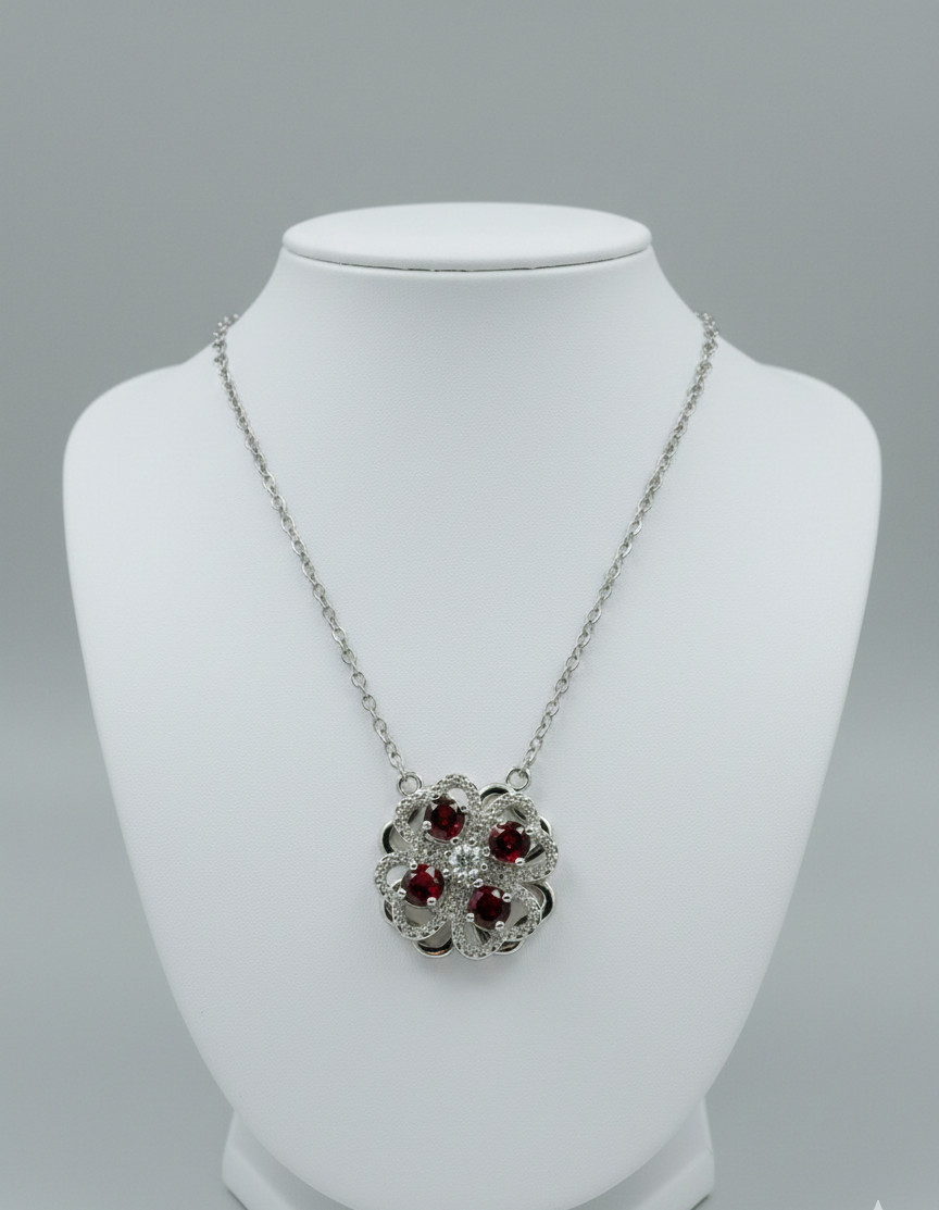 Garnet Spinner Clover 17mm Copper Necklace 47cm – 18.50 inches with Box