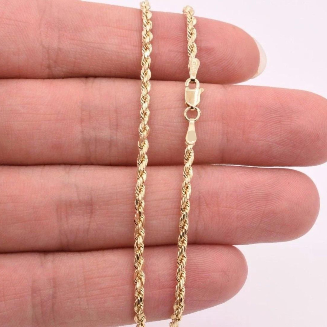 Solid 14k Yellow Gold 2.4MM Rope Chain Link Pendant Necklace Men Women 16″- 22″
