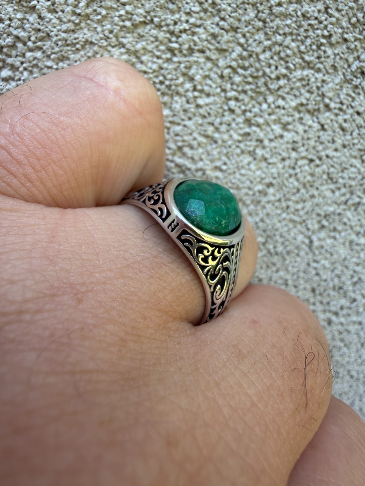 Real Columbian Green Emerald Stone Mens Solid 925 Silver Ring – Oxidized Vintage