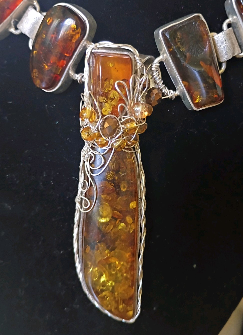 Antique Ancient Huge Baltic Amber Custom Wrapped Necklace With Sparkly Earrings