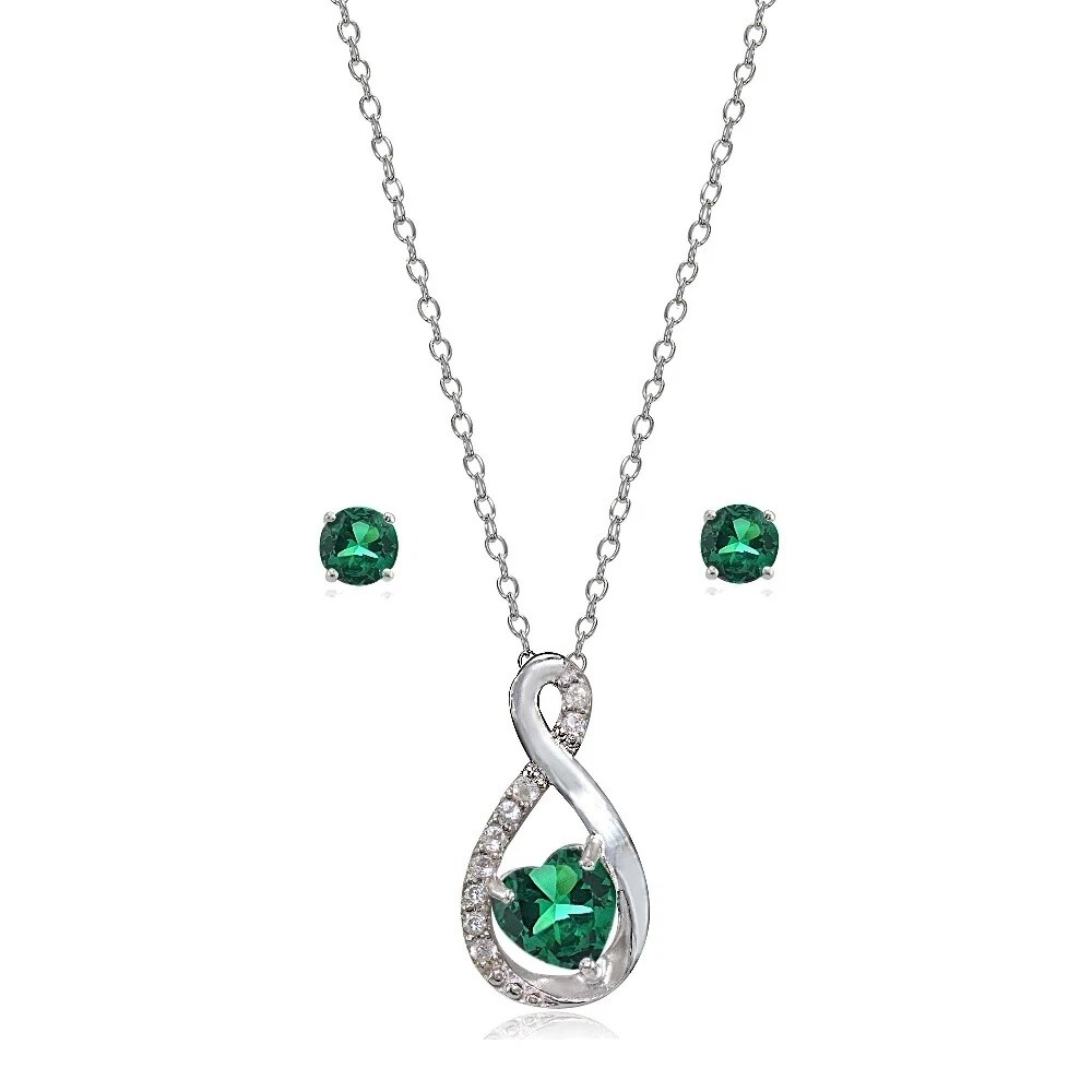 .925 Silver Created Emerald & White Topaz Infinity Heart Necklace Earrings Set