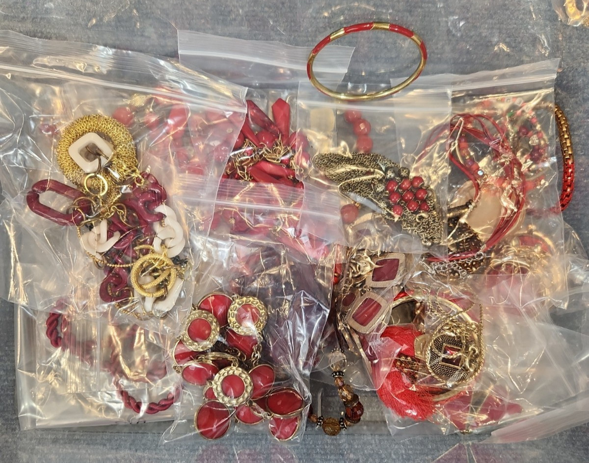 Jewelry Wearable Red & Gold Tone Collection 5 Lbs Lot #704 See Description