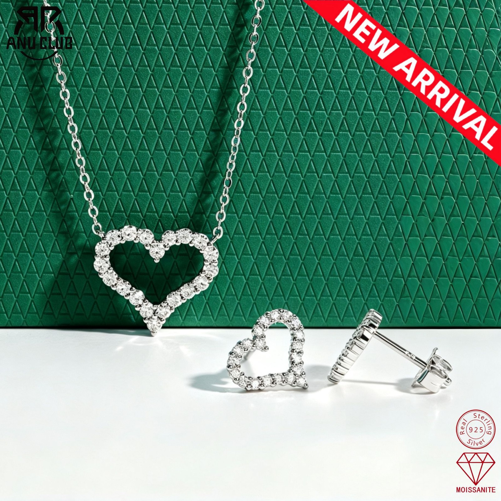 Fashion 925 Sterling Silver Moissanite Love Heart Necklace Stud Earrings Set