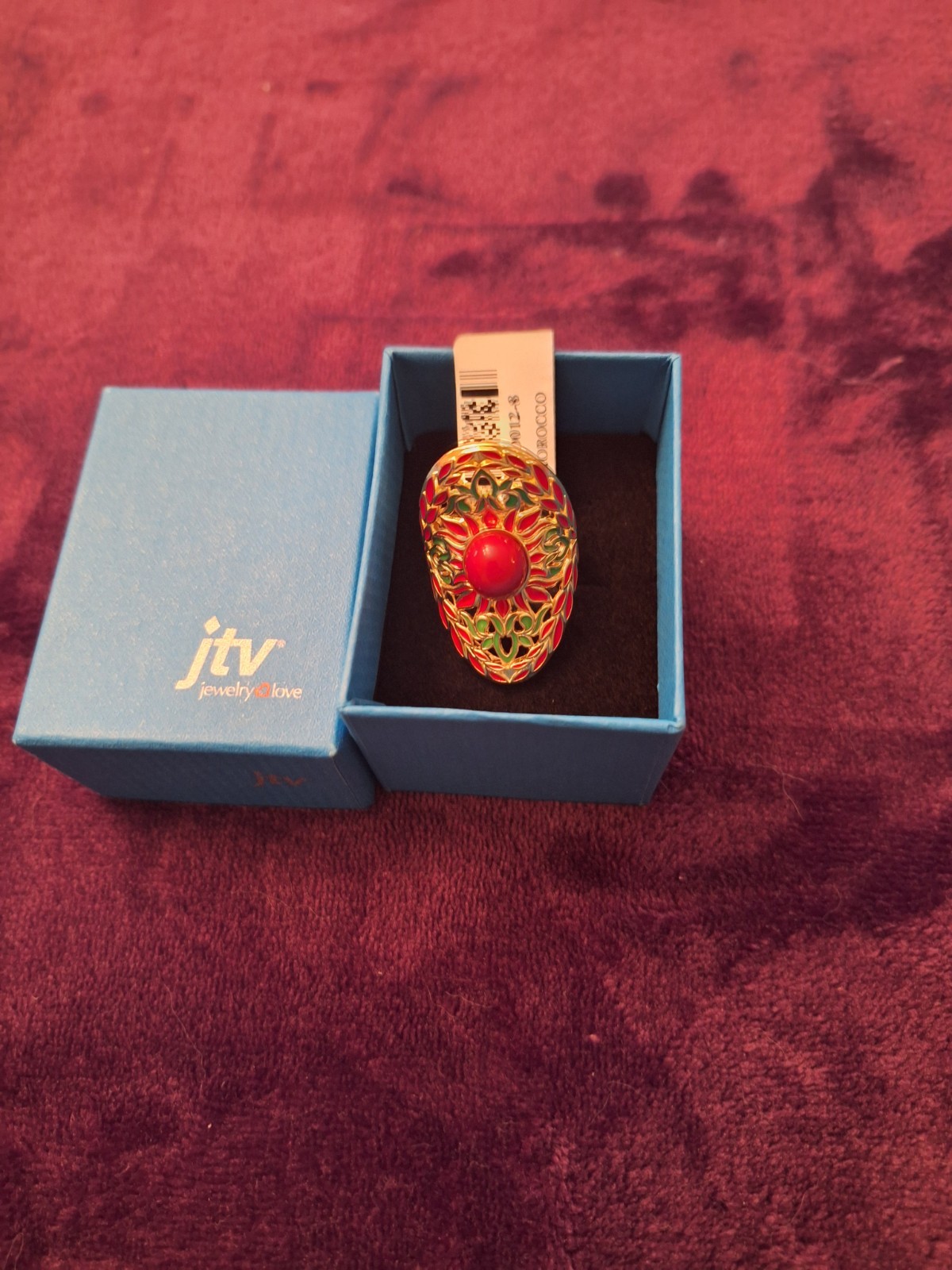 Morocco Ruby Simulant Multi-Color Enamel 18K Gold Over Sterling Ring SZ 8 NEW