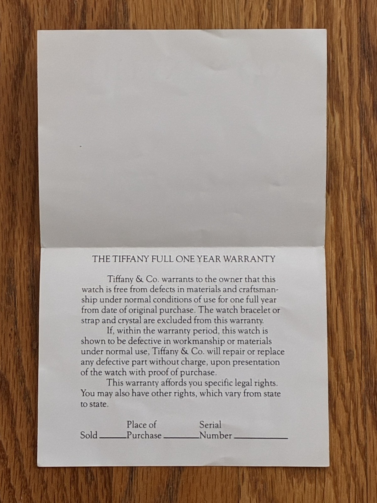 TIFFANY & CO FULL ONE YEAR WARRANTY CARD-OPEN