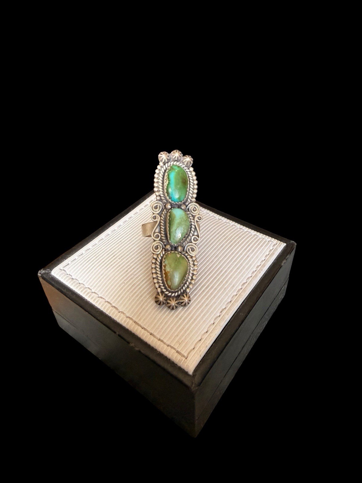 Beautiful Southwest Sterling Silver Triple Green Turquoise Ring See Description