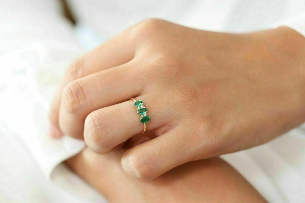 2Ct Oval Cut Lab Created Green Emerald Three-Stone Ring 14K Yellow Gold Plated