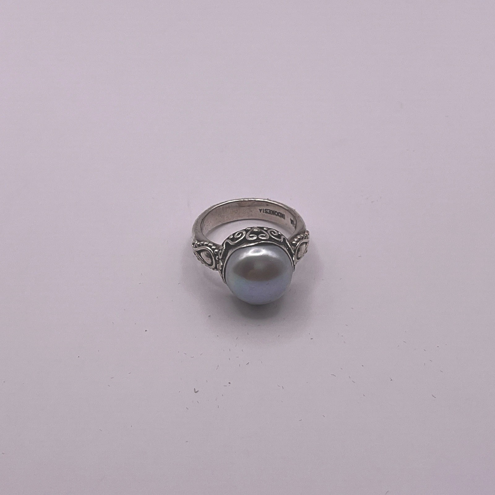 Vintage BA Suarti Bali Sterling Silver 925 Gray Mabe Pearl Ring Size 7.25 Design