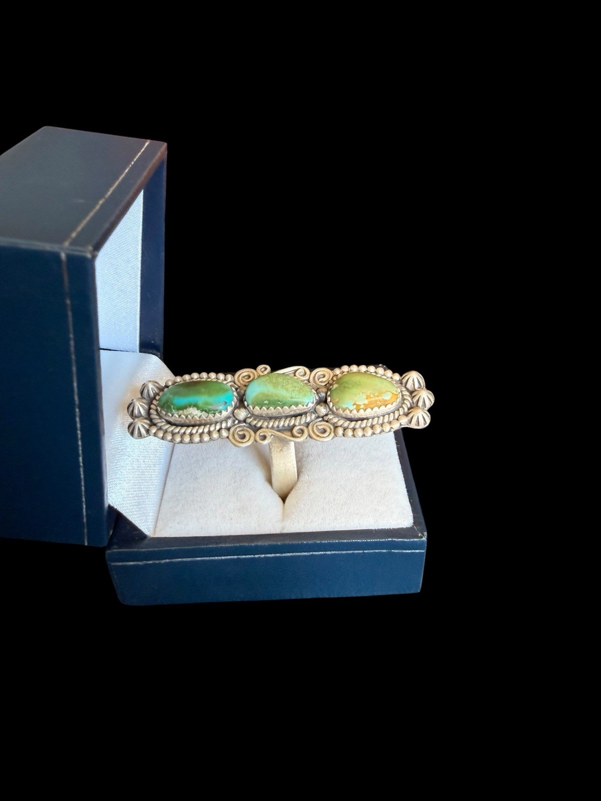 Beautiful Southwest Sterling Silver Triple Green Turquoise Ring See Description