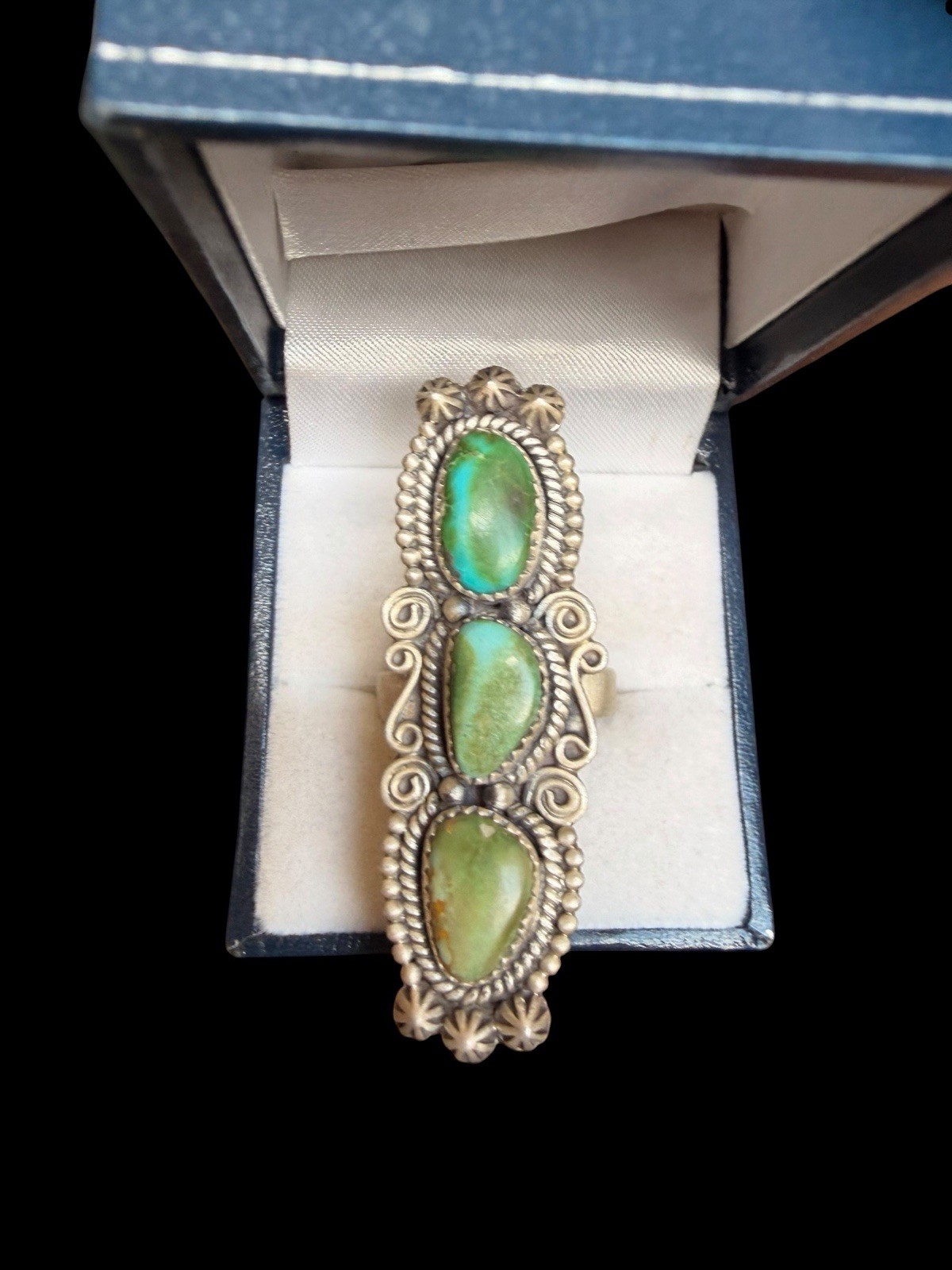 Beautiful Southwest Sterling Silver Triple Green Turquoise Ring See Description