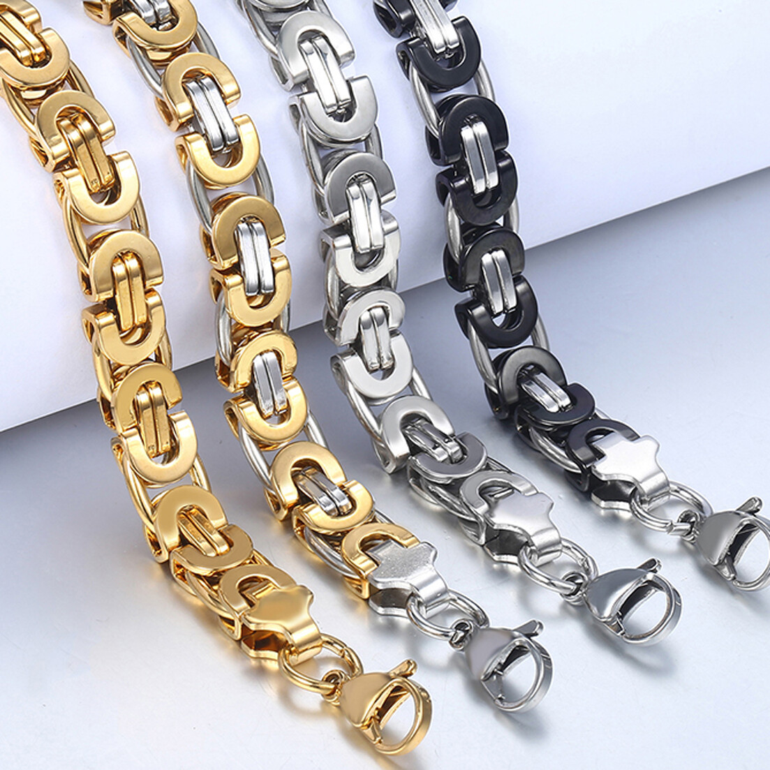 6/8/11mm Fashion Stainless Steel Womens Men Chain Flat Byzantine Necklace 7″-40″