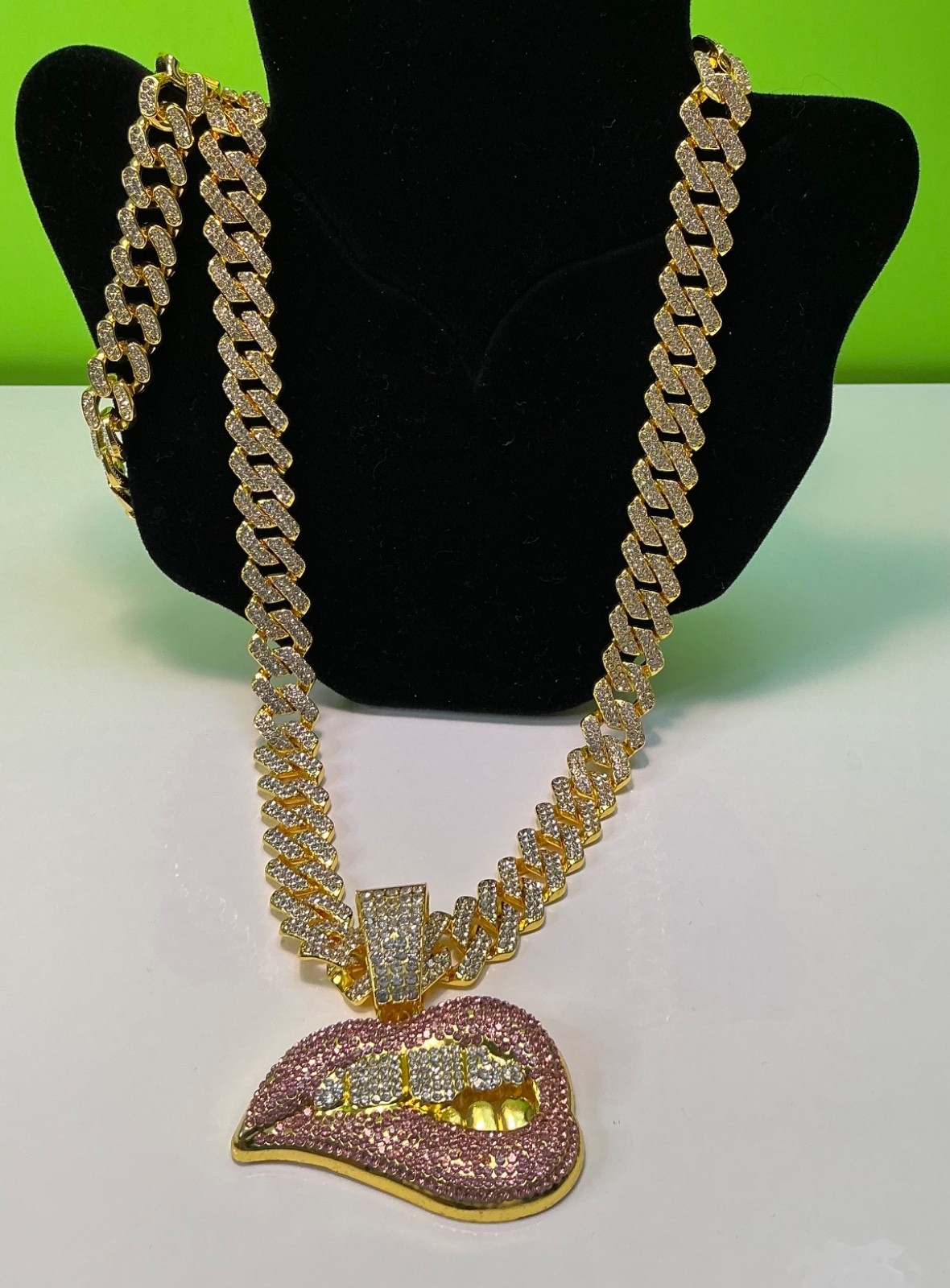 Biting Lip Pendant Necklace Bracelet Lot Hip Hop Iced 20” Inches CZ Chain Cuban