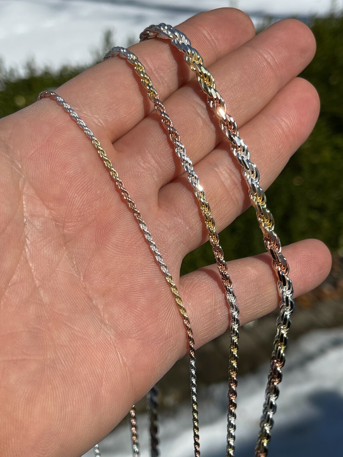 Solid 925 Silver & Yellow Rose Gold Plated Tri Color Rope Chain Necklace 2-5mm