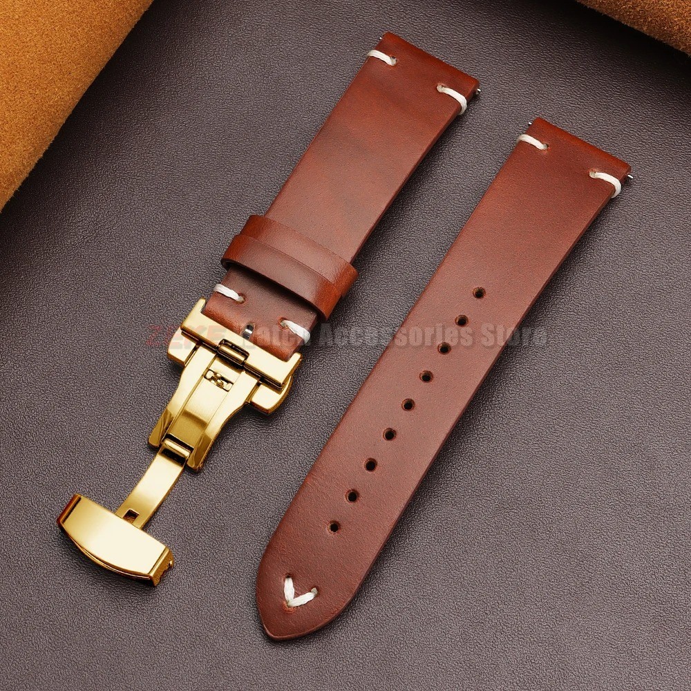 Genuine Leather Butterfly Buckle Watch Bands 18/20/22mm Waterproof Retro Oil Wax