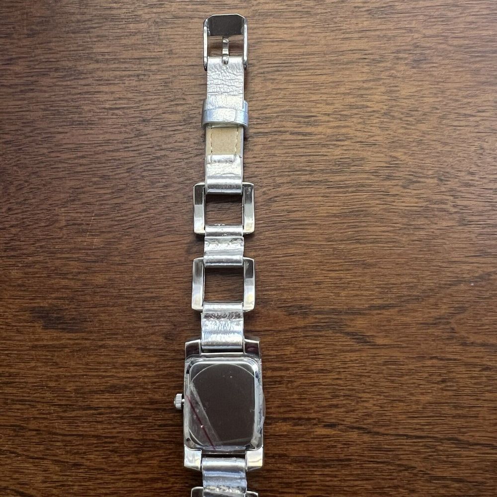 Vintage “P” Women’s Watch Silver Tone New Battery Rectangle Face White 8 in.