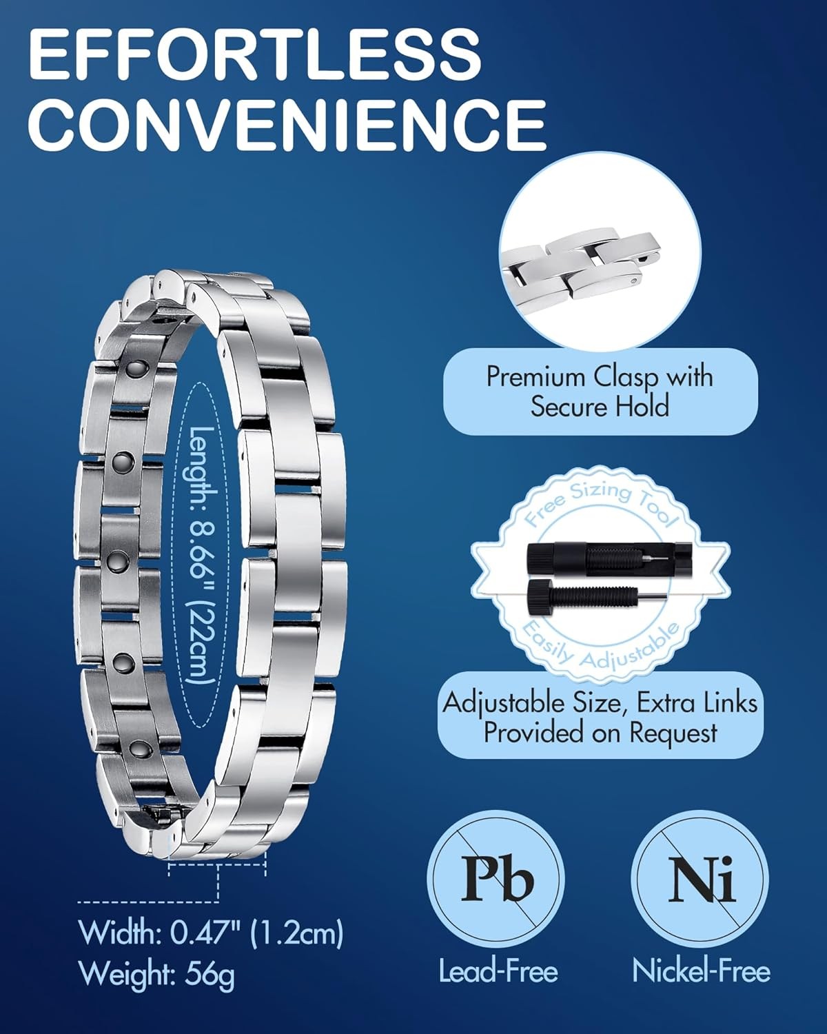 Feraco Magnetic Bracelet for Men Titanium Stainless Steel Therapy Silver w Tool