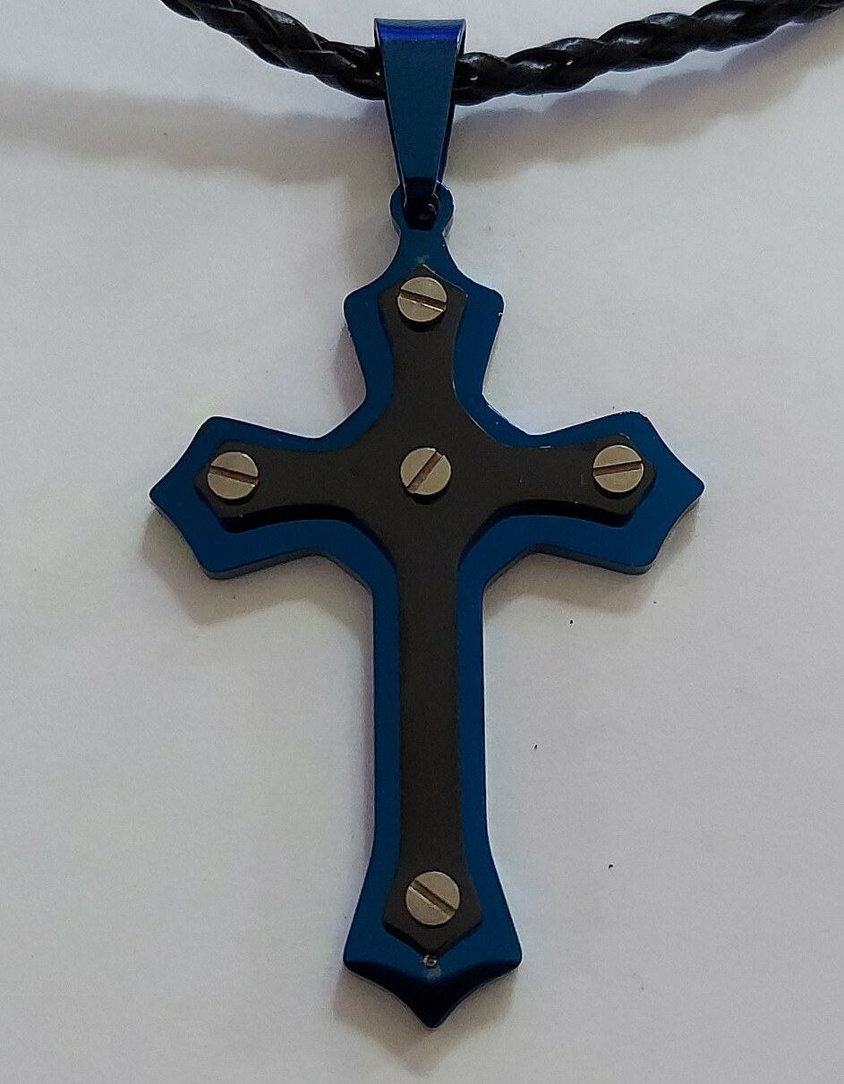 English Laundry Black/Blue IP SS Cross Pendant 25″ Rope Necklace w/ 3″ Extender.