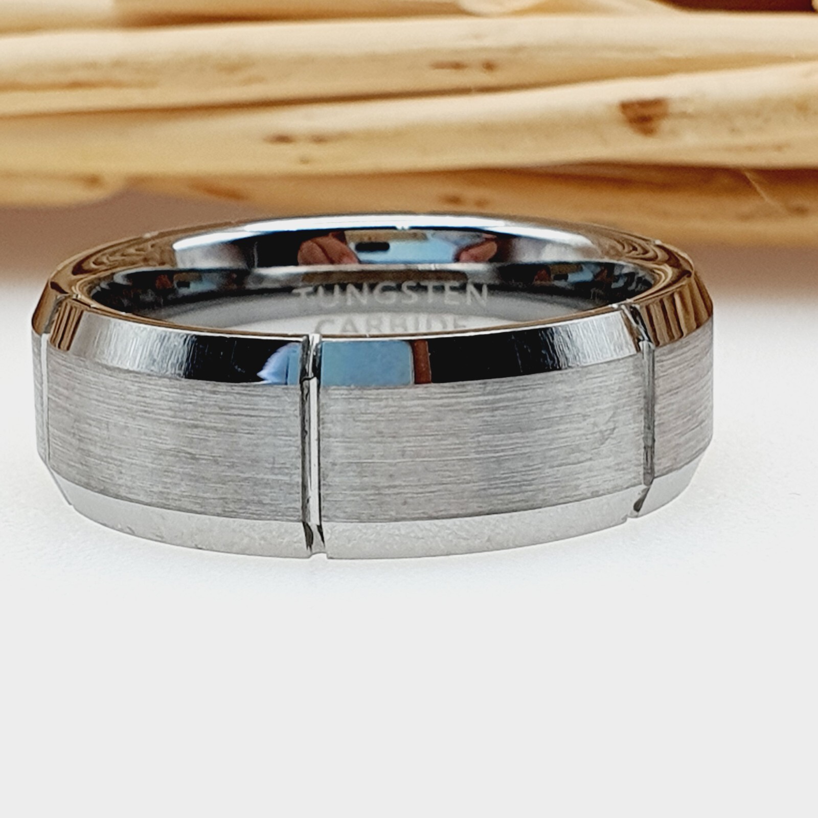 High Polished Beveled Edges Men’s Wedding Band Tungsten Ring Satin Brushed Ring
