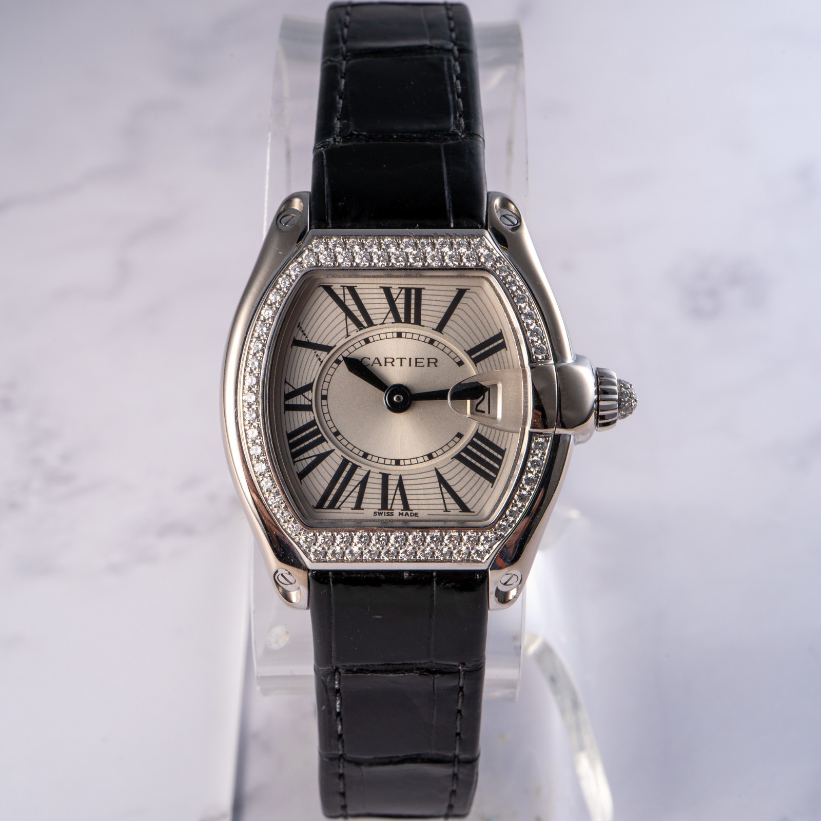 Cartier Roadster 18k White Gold Diamond Black Alligator Skin Watch