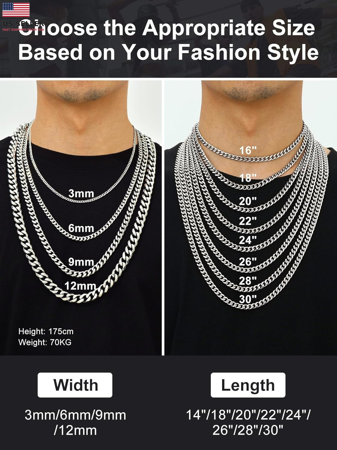3Mm/6Mm/9Mm/12Mm Miami Curb Cuban Link Chain for Men Women, 316L Stainless Stee
